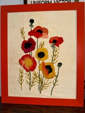 Vintage 70's Crewel Embroidery  Poppies Wall Art New IKEA  Frame